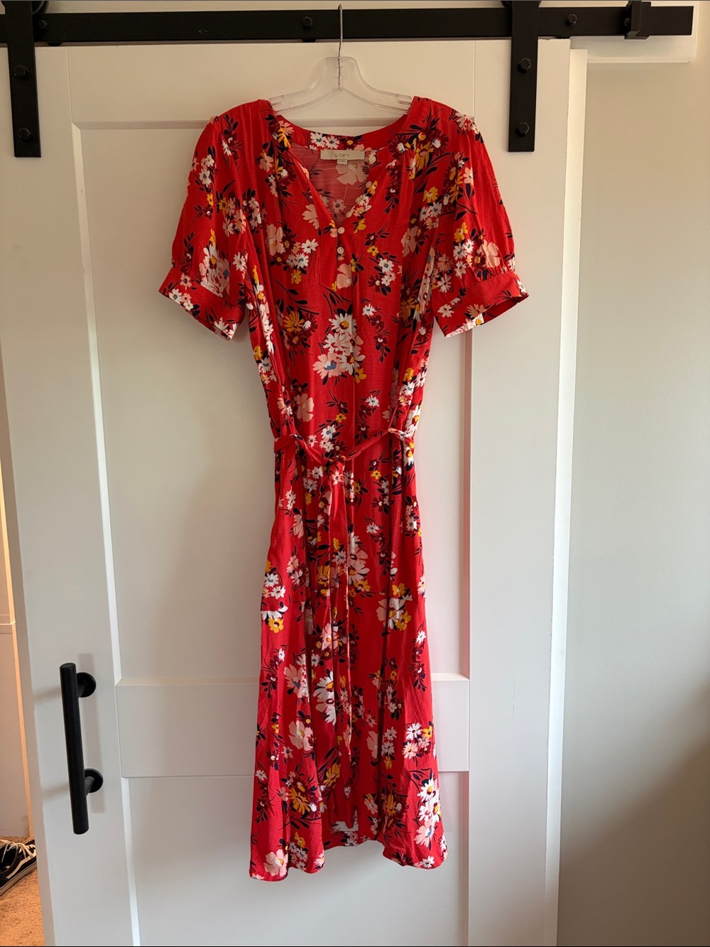 LOFT Red Floral V-Neck Tie-Waist Midi Dress